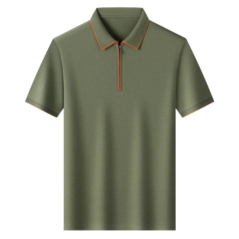 Men's Silk Zipper Polo Shirt Short Sleeve Mulberry T-Shirt Metal Zipper, Stand Collar Luxury Casual Summer Top Cotton&Linen Tee