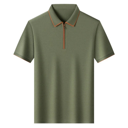 Men's Silk Zipper Polo Shirt Short Sleeve Mulberry T-Shirt Metal Zipper, Stand Collar Luxury Casual Summer Top Cotton&Linen Tee