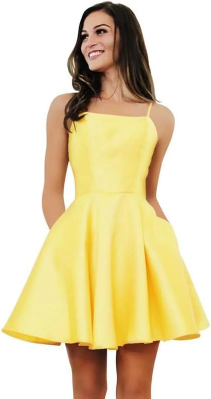 Short Homecoming Dresses for Teens With Pockets Spaghetti Straps Satin Prom Dress for Women A-line Knee Length Party Dress