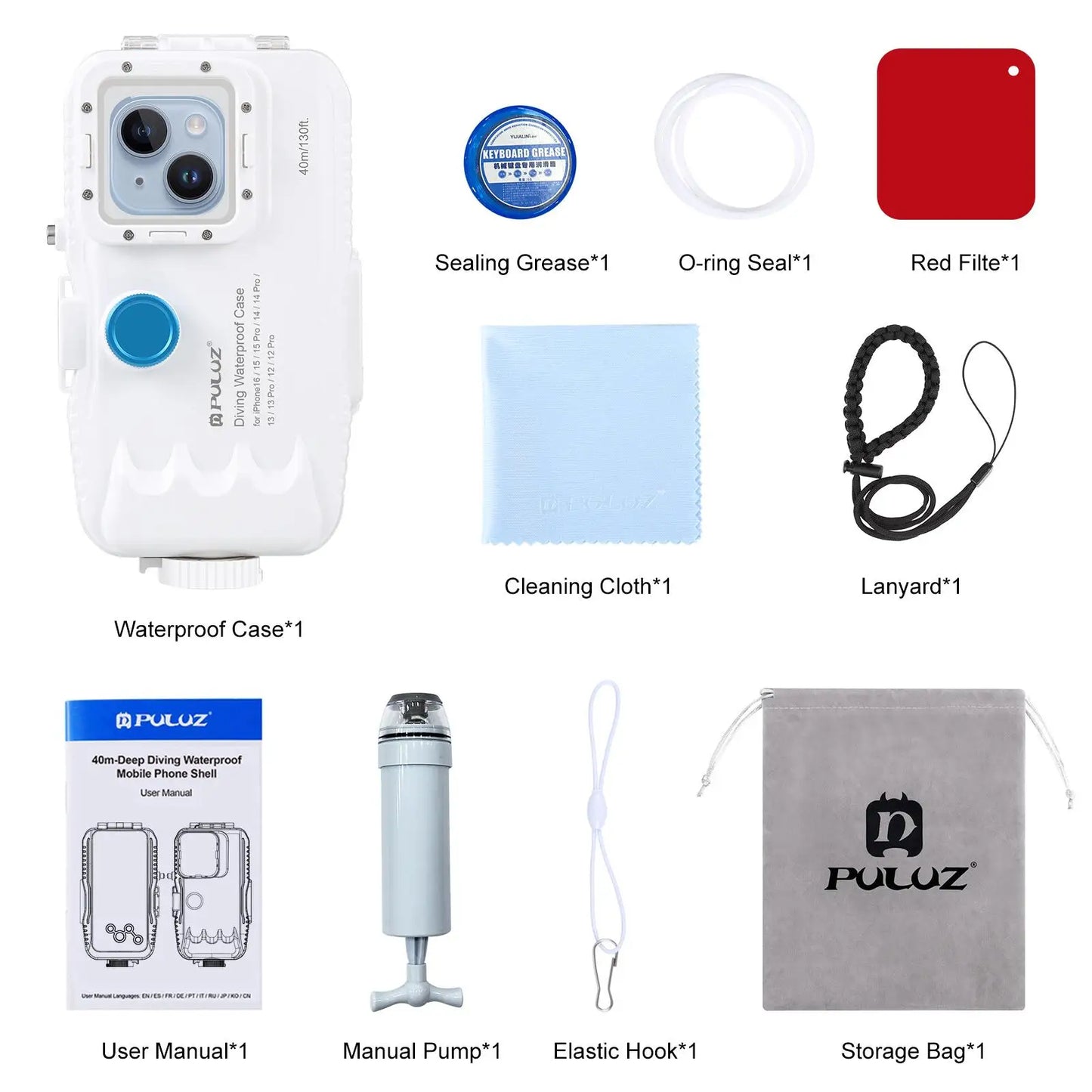 40m/130ft Waterproof Diving Case for iPhone 16 15 14 13 12 11 Pro Max Plus Photo Video Taking Underwater Housing Cover