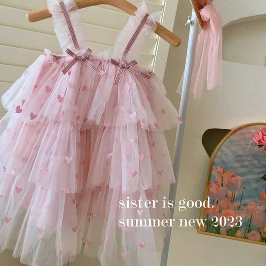 New Summer Baby Girls Party Dress Sleeveless Spaghetti Strap Love Heart Layered Princess Dresses for 3-7Year Old Kids E2310
