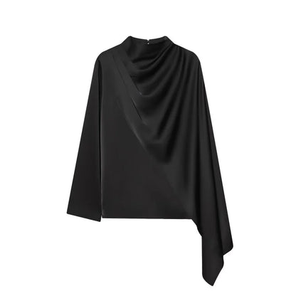 2026 Spring new women's elegant fashion shawl design satin drape top asymmetric wrinkled long-sleeved shirt