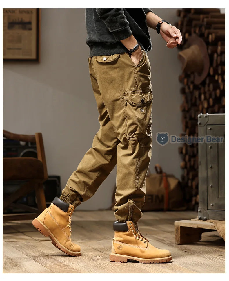 Brand Clothing 2026 Spring Summer Men's Baggy Cargo Pants Multi-Pocket Work Joggers Casual Cotton Tapered Trousers Long Pants