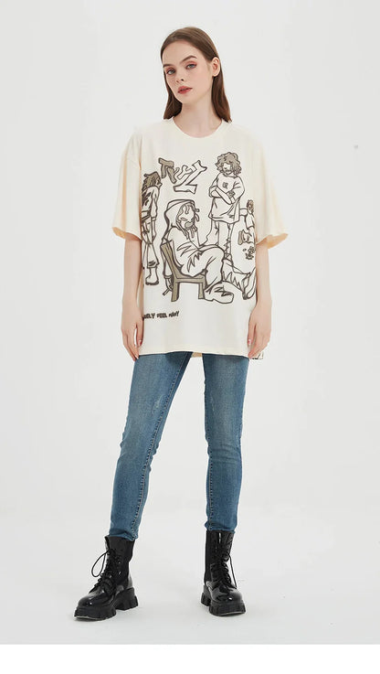 Harajuku Cartoon Girl Cat Japanese Kanji Graphic T Shirt Streetwear Men T-Shirt Summer Short Sleeve Tshirt Tops Tees Unisex