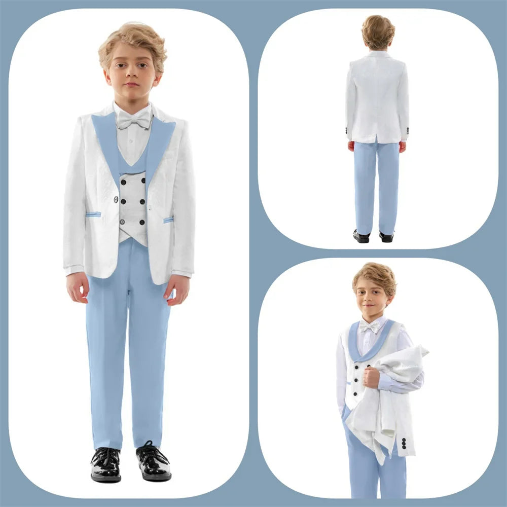 Premium Boys White And Light Blue Contrast Formal Suit Set 4PCS Design Elegant Occasion Wear For Wedding Banquet Performance