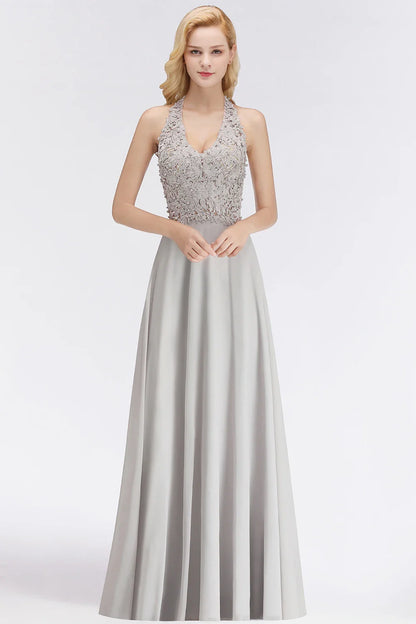 A-line V-neckline Chiffon Lace Pearls Beadings Floor-length Prom Dress Sleeveless Evening Elegant Party Dresses For Women 2024