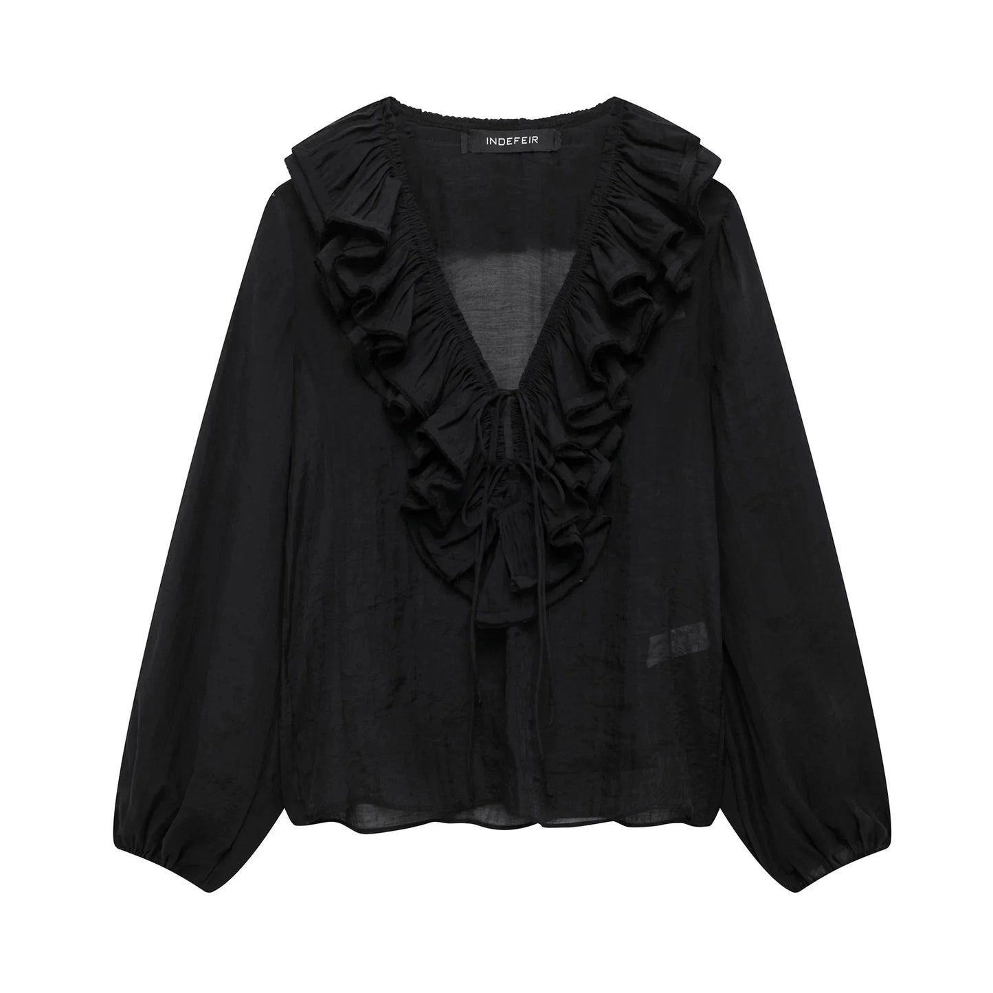 Elegant Women's Retro V-neck Ruffle Trim Long Sleeve Shirt 2025 Summer Casual Top Women's Fashion Translucent Thin Shirt