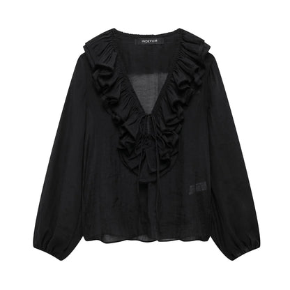 Elegant Women's Retro V-neck Ruffle Trim Long Sleeve Shirt 2025 Summer Casual Top Women's Fashion Translucent Thin Shirt