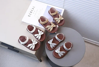 Girls Sandals Hook&loop Kids Beach Shoes Soild Color Versatile 2025 Summer Girls Princess Shoes Retro Sweet Flowers Korean Style