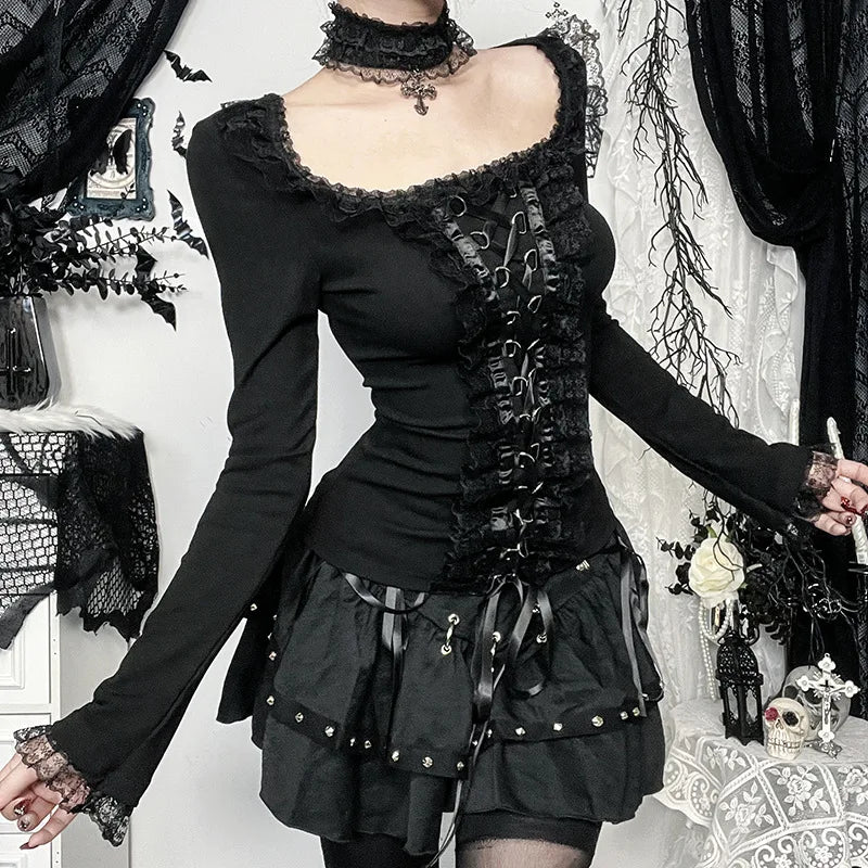 Goth Black Lace Trim Long Sleeve T-Shirts Vintage Sexy Lace-up Square Collar Tops with Choker Cross Women Autumn Tees