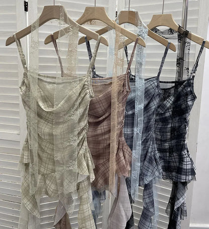 Y2K Plaid Camisole for Women Summer Casual Lace Scarf Breathable Stretch Mesh Patchwork Asymmetrical Ruffle Slim Tops