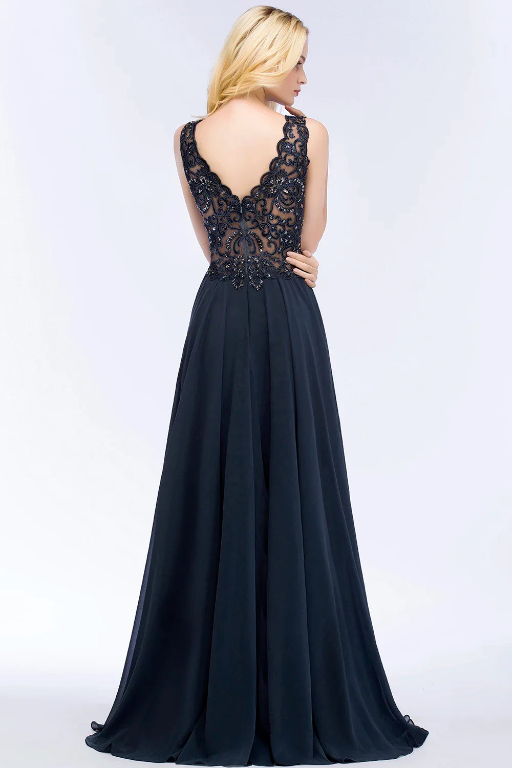 Navy Blue Evening Dresses Women V Neck Lace Appliques Beaded A Line Skirt Chiffon Prom Party Bridesmaid Gowns