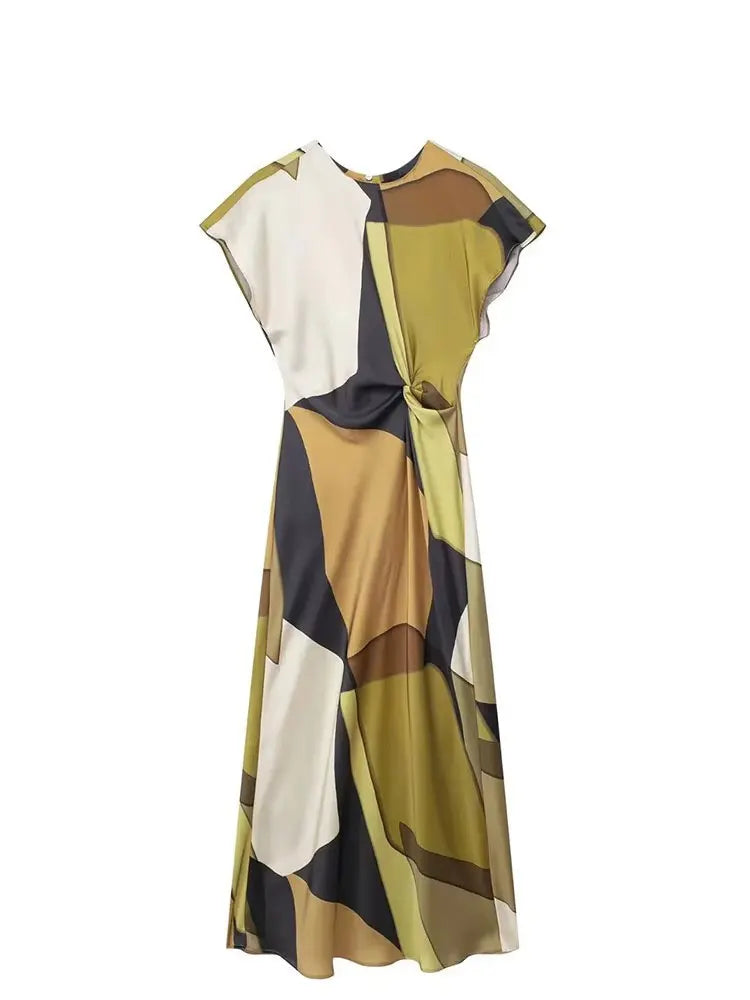 Summer Women Dress Fashion Vintage Print O-Neck Midi Dress Waist Cinched Casual Chic Woman Elegant Dresses