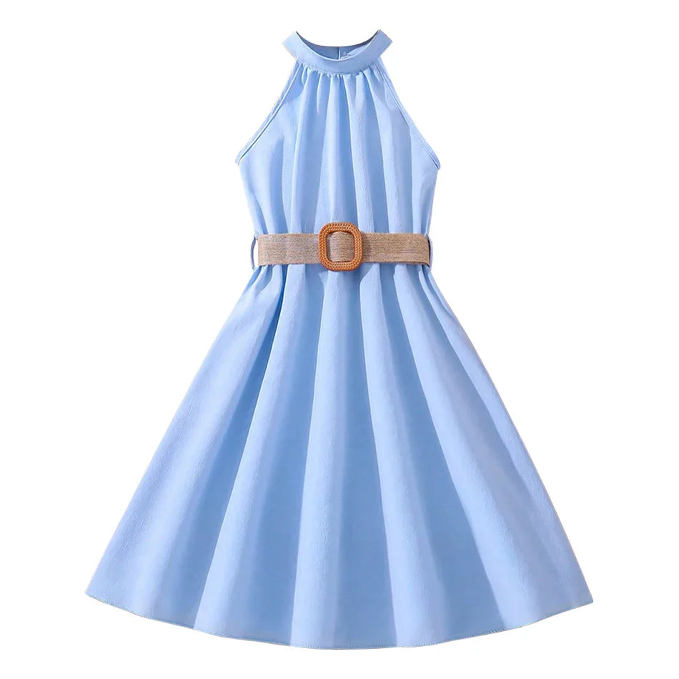 Elegant Summer Princess Dress for Teen Girls with Halter Neck and Off-Shoulder Children Sleeveless Casual Clothes with Belt