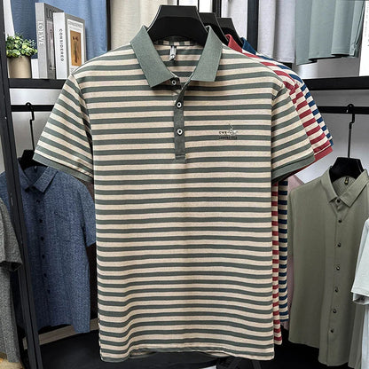 Summer High End Man Polo Shirt Striped Lapel Short Sleeve Horse Lette Print New Breathable T-Shirt Classic Commuter Menswear Top