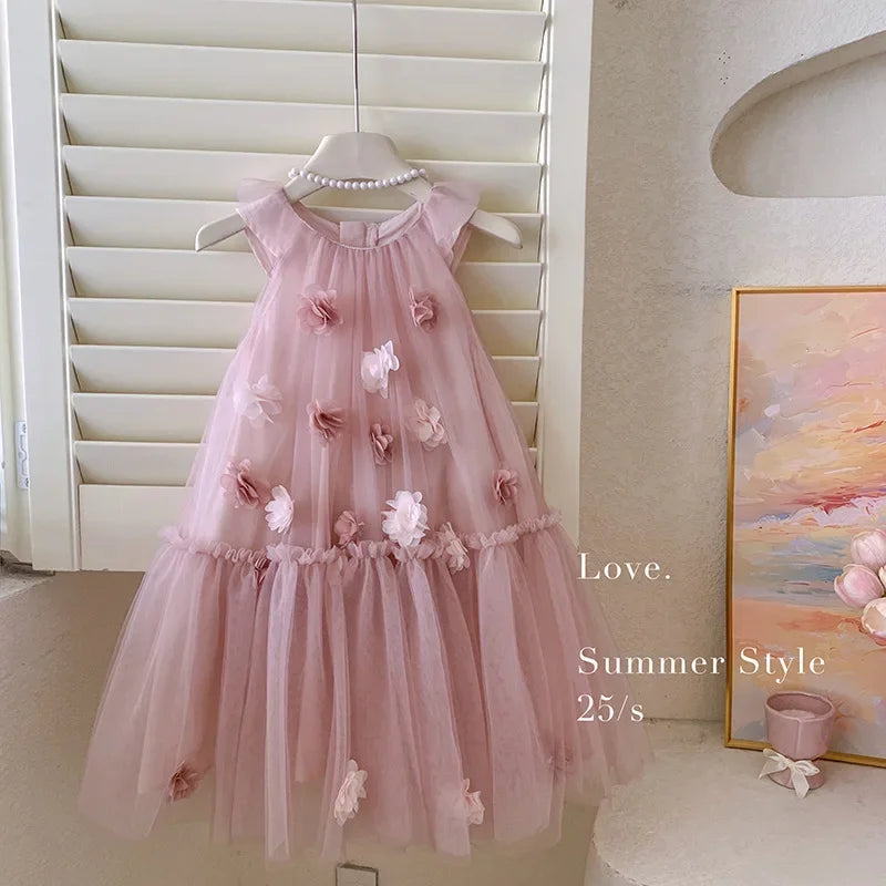 Girls' Sleeveless Floral Mesh Dress - Princess Party Gown for Toddlers 2-8 Years, Breathable Wedding & Special Occasion Dress