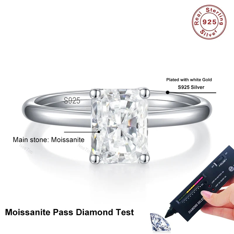 NeeTim 1ct Emerald Radiant Cut Moissanite Wedding Ring for Women Solitaire Lab Diamond S925 Sterling Silver Designer Jewelry