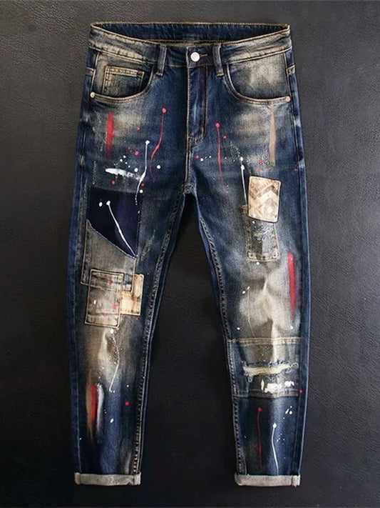2024 Spring and Autumn New Fashion Trend Printed Straight Leg Stretch Jeans Men's Casual Loose Comfortable High Quality Pants