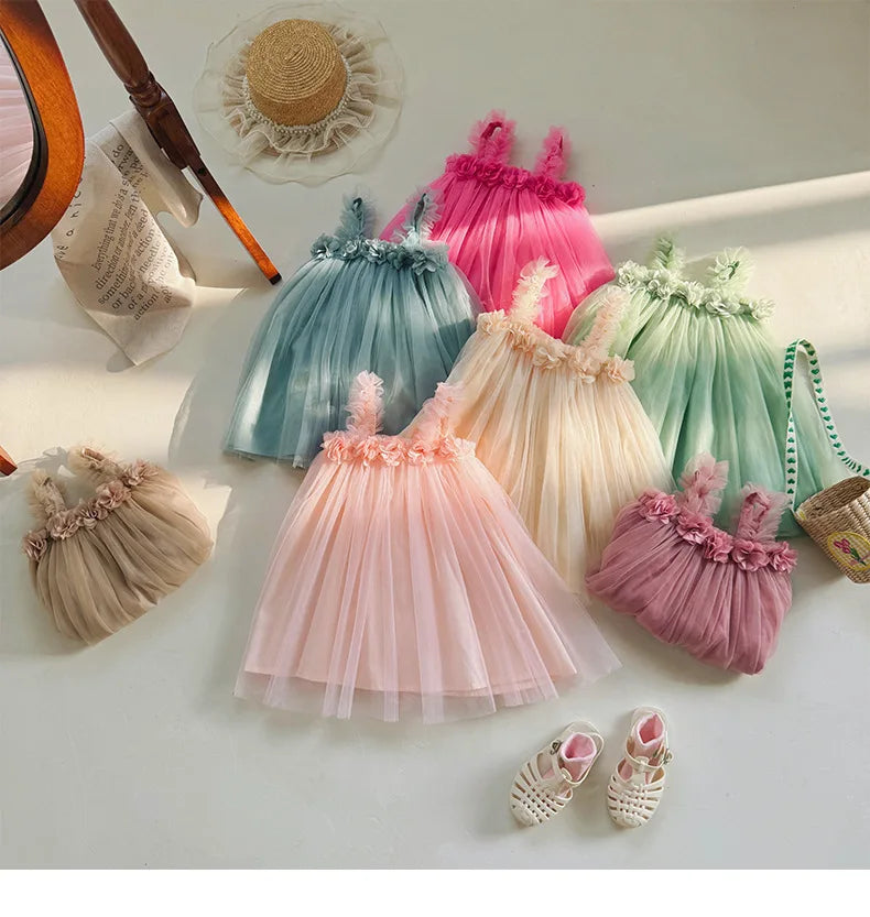 1-6 Y Girls Dresses  3D Flower A Line Dress for Girls Sleeveless Camisole Mesh Dress