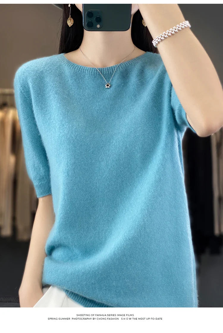 100% pure wool T-shirt spring and summer new women's O-neck pullover short sleeve loose five-sleeve sweater high-end top