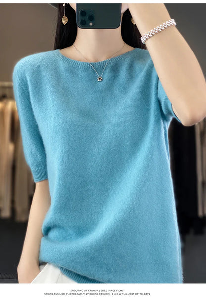 100% pure wool T-shirt spring and summer new women's O-neck pullover short sleeve loose five-sleeve sweater high-end top