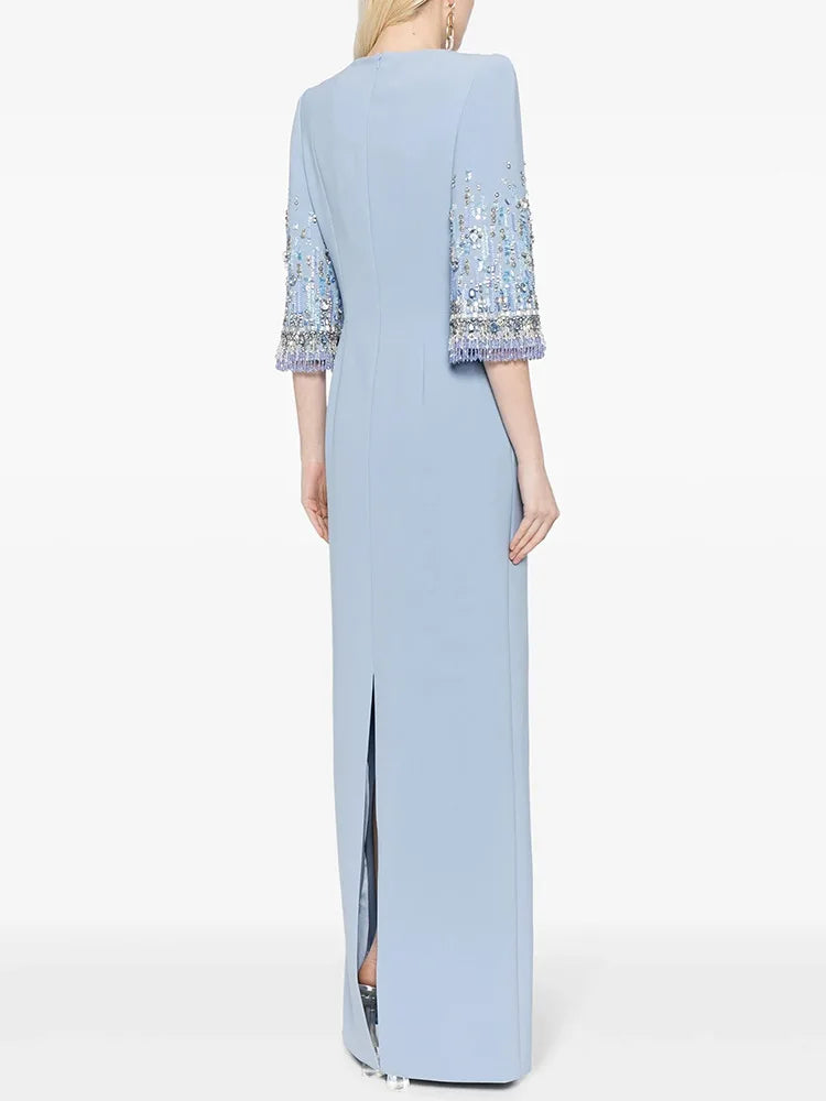 Fashion 2026 S/S Designer Vestido Women's Half Sleeve Stunning Beaded  Long Maxi Dress