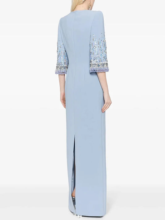 Fashion 2026 S/S Designer Vestido Women's Half Sleeve Stunning Beaded  Long Maxi Dress