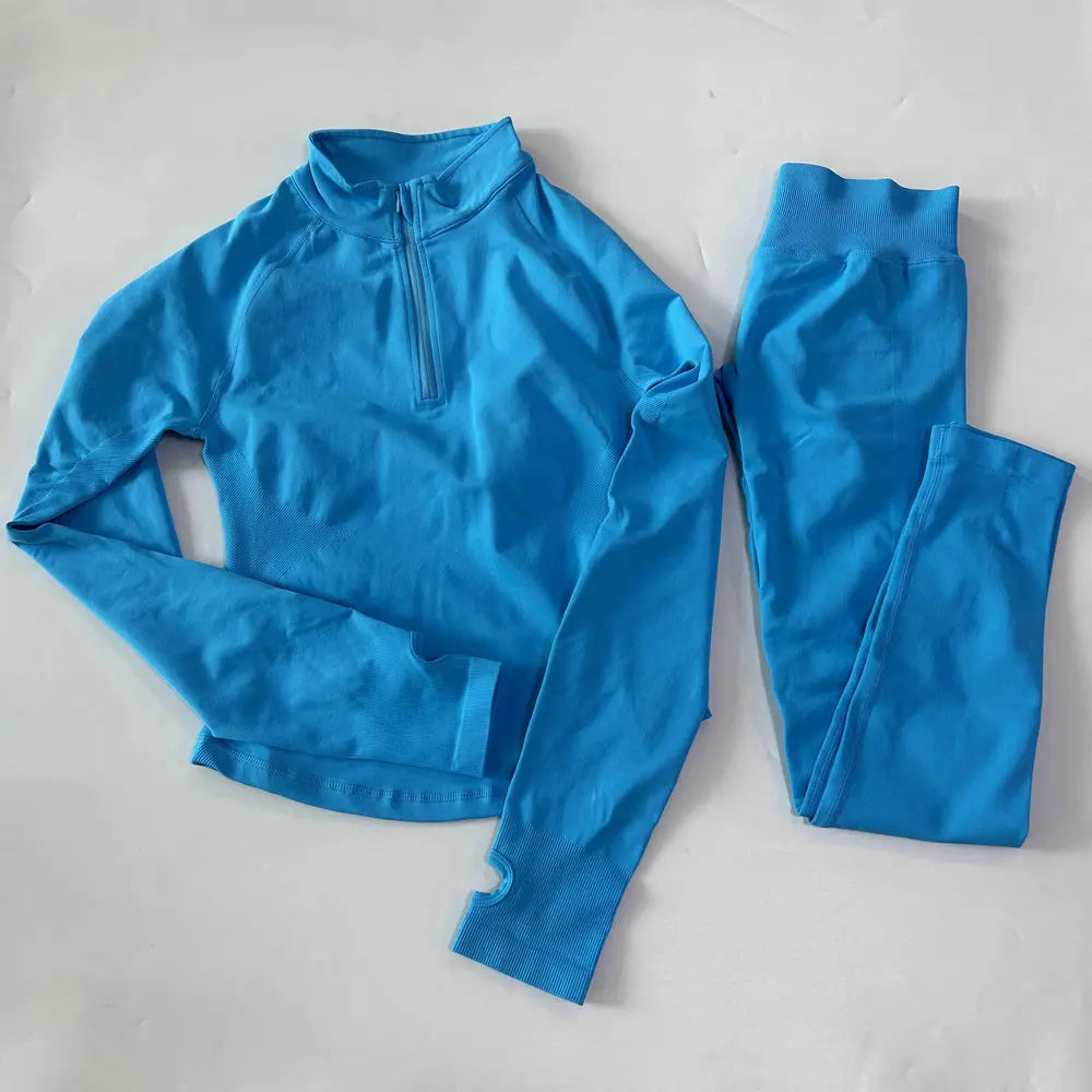 Women 2pcs Yoga Sets Long Sleeve Jacket Sport Top With Half Zip High Waisted Leggings Fitness Suits Seamless Running Workout Set