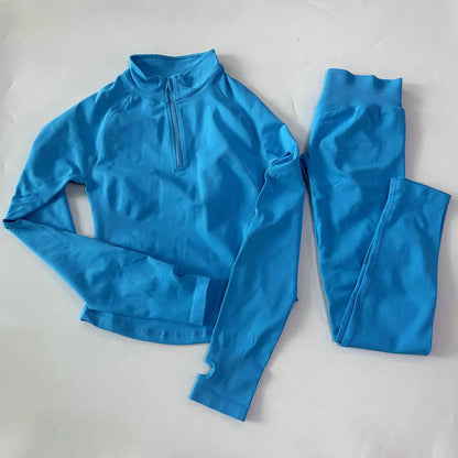 Women 2pcs Yoga Sets Long Sleeve Jacket Sport Top With Half Zip High Waisted Leggings Fitness Suits Seamless Running Workout Set