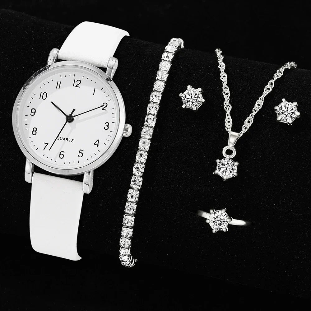 7pcs Women's Watch Fashion Casual Round Pointer Quartz Watch and Necklace Bracelet Ring Earring Set