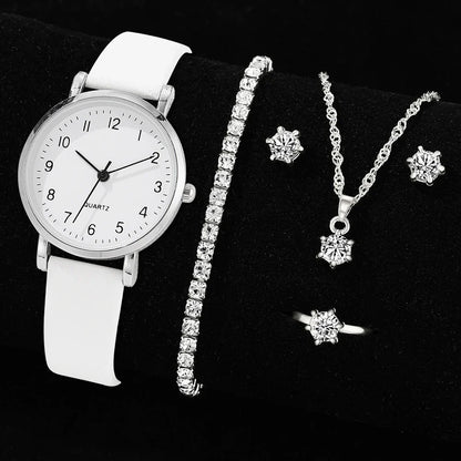 7pcs Women's Watch Fashion Casual Round Pointer Quartz Watch and Necklace Bracelet Ring Earring Set