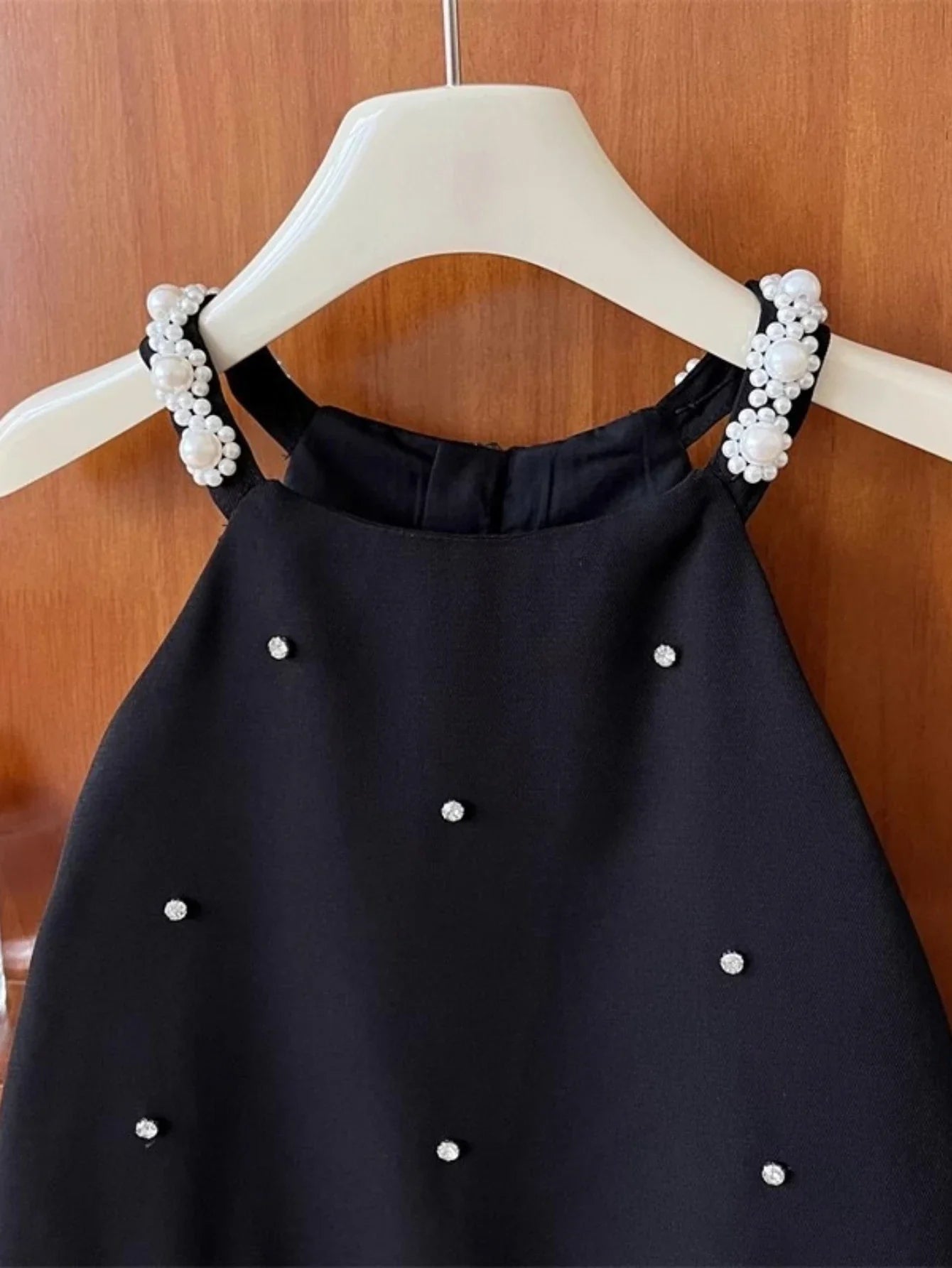 Girls Summer Black Pearl Dress – Charming Sleeveless A-Line Dress with Beaded Straps & Ruffle Hem, Elegant Kids Fashion