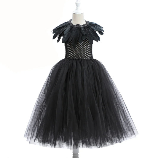 2-10Yrs Maleficent Girl Evil Queen Black Tutu Dress with Feather Scarf Halloween 2026 Villain Party Gothic Costume Gown Vestidos