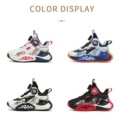 Leather Upper Children Basketball Shoes Rotatory Button Shock Absorbing Boys Shoes