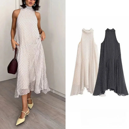 Halter Scarf Dot Print Dress Women Sleeveless Backless Chiffon Holiday Dress Fashion 2025 Summer Loose Beach Dress