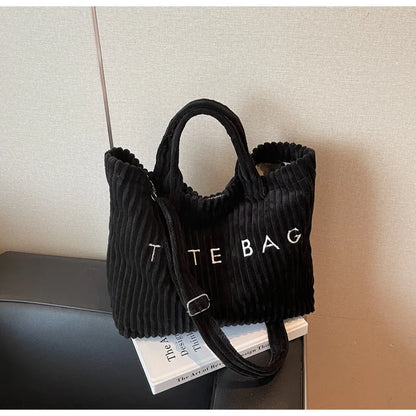 Large Capacity Striped Velvet Handbag Shoulder Bag for Woman Handbags Crossbody Bags, Versatile Letter Corduroy Women's Tote Bag
