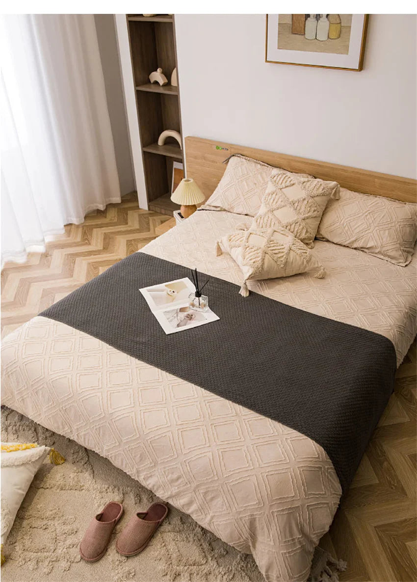 Nordic Blankets for Bed Sofa Couch Chunky Knit Bedspread Knitted Throw Blanket with Tassel Plain Color Waffle Embossed Blanket