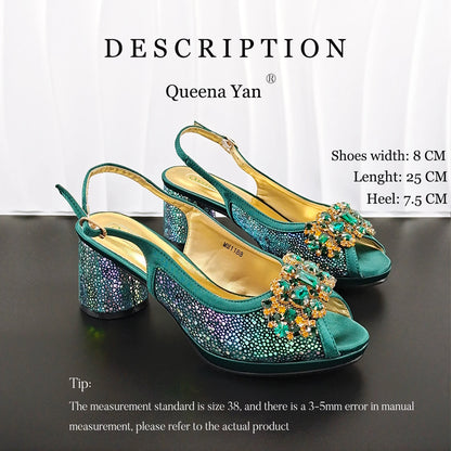 Green Elegant Women's High Heels Shoes  & Bag Set Rhinestone-Embellished Designer Shoes Perfect for Special Occasionss