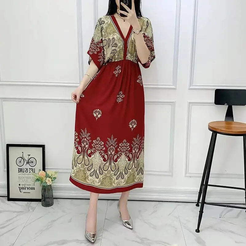 Flower V-neck Elastic Youthful Bohemian Sweet Midi Dress Woman Clothes Chic Fashion Summer Dresses 2025 Large Swing Ski