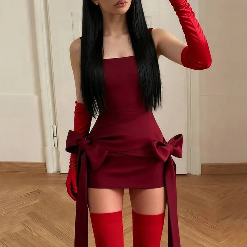 Fashion Red Bowknot Mini Dress Straps Square Collar Sleeveless Backless Vintage Cute Ladies Slim Party Short A-line Dresses