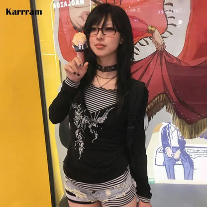 Japanese Y2k Fake Two-piece Tops Trashy 2000s Tattoo Print T-shirt Grunge Aesthetics Patchwork T Shirts Gothic Vintage