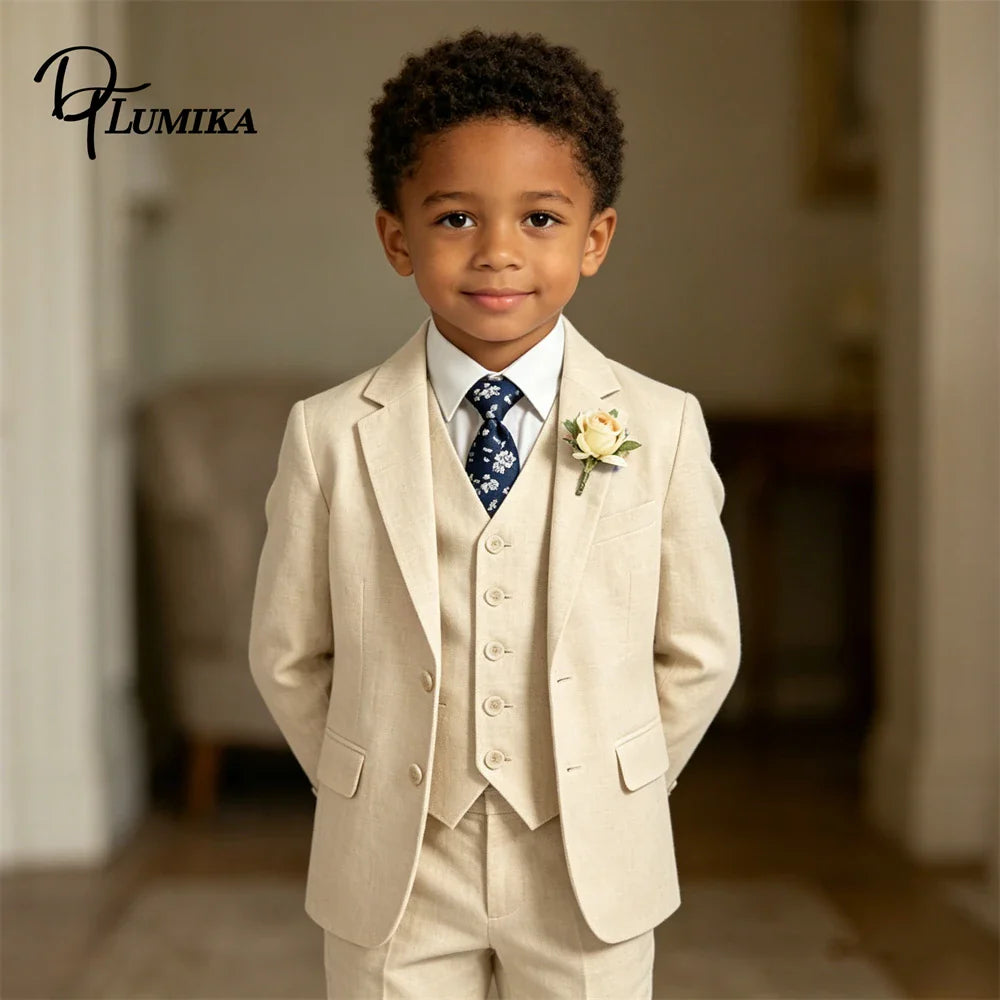 Four Pieces Linen Suit Set for Children 3-14 Years Old, Summer Beach Wedding Guest Tuxedo Jacket Vest Pants Tie Luxury Set