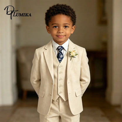 Four Pieces Linen Suit Set for Children 3-14 Years Old, Summer Beach Wedding Guest Tuxedo Jacket Vest Pants Tie Luxury Set