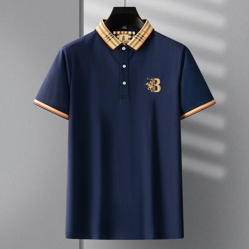 Summer novel men's high-end lace collar B-shaped short sleeved polo shirt, comfortable and casual business T-shirt