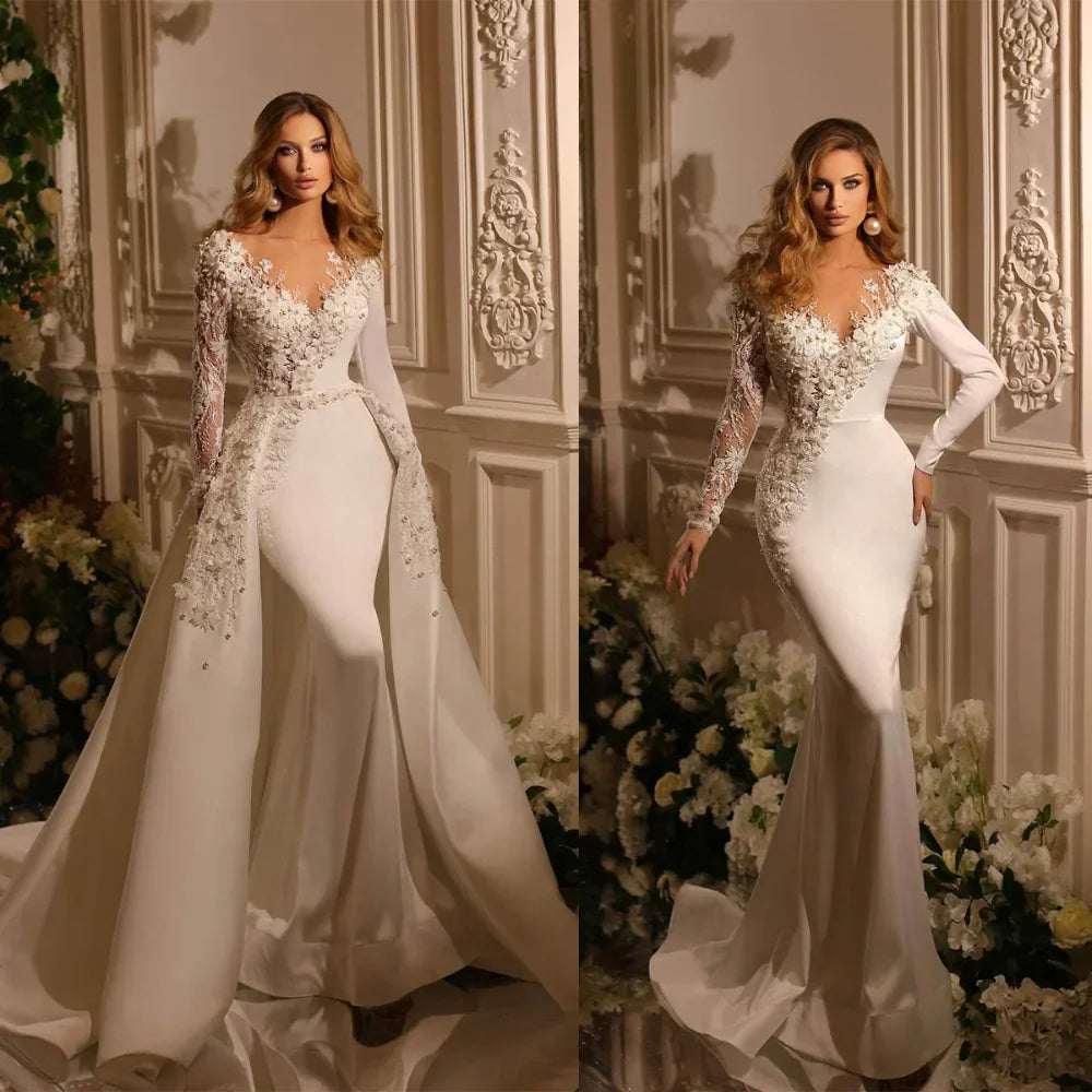 Customized V Neck Mermaid Wedding Dresses Long sleeve Pearls Embroidery Detachable Overskirts Vestido De Novia 2025