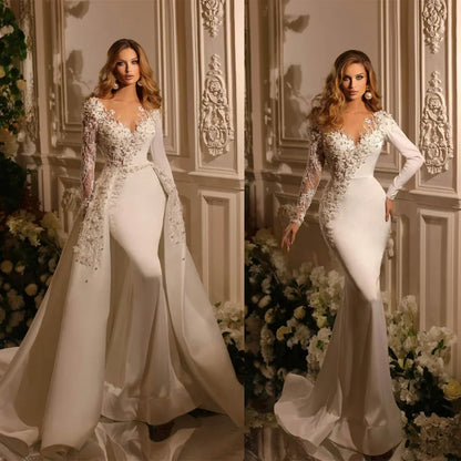 Customized V Neck Mermaid Wedding Dresses Long sleeve Pearls Embroidery Detachable Overskirts Vestido De Novia 2025