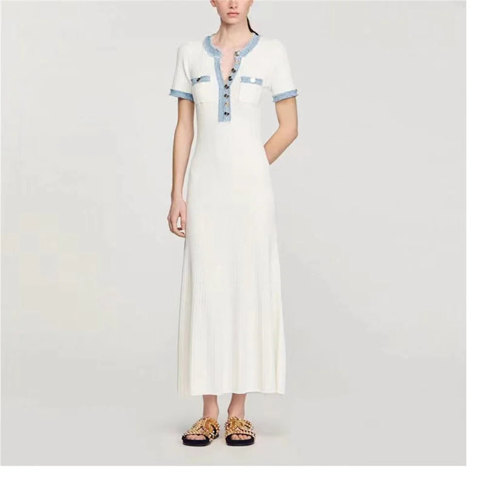 Elegant Contrasting Women Knit Maxi Dress Chic O-neck Short Sleeve Metal Buttons Bodycon Dresses Office Lady Commuting Robe