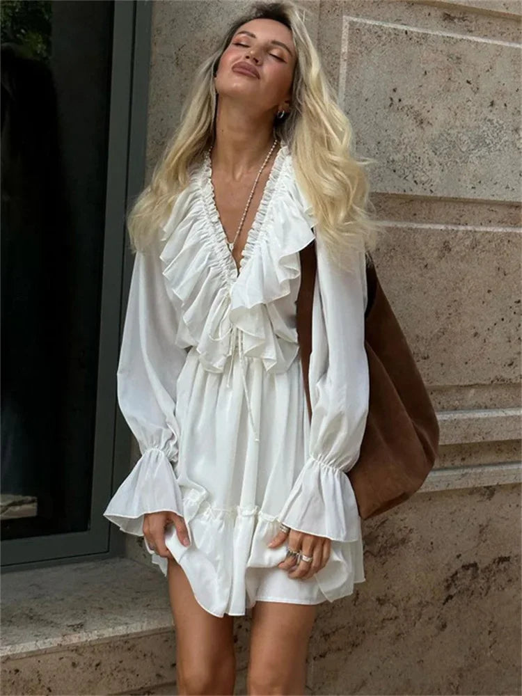 White Ruffle Bandage Mini Dress Women's Elegant Patchwork Long Sleeve Dress New Slim V Neck Lace Up Summer Mini Dress