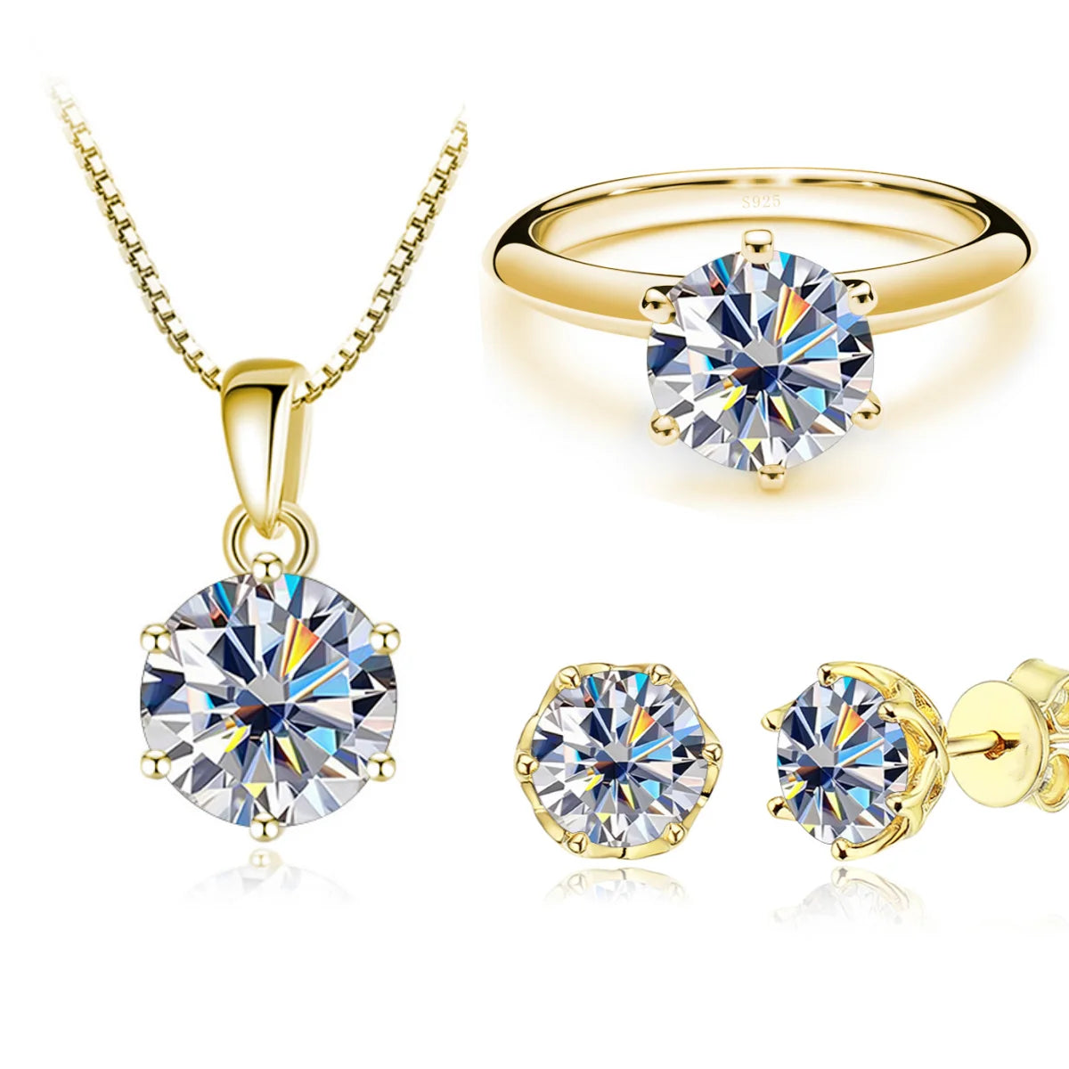 1Carat Moissanite Jewelry Set For Women Sterling S925 Silver Gold Plated Necklace Earrings Ring GRA Certified Wedding