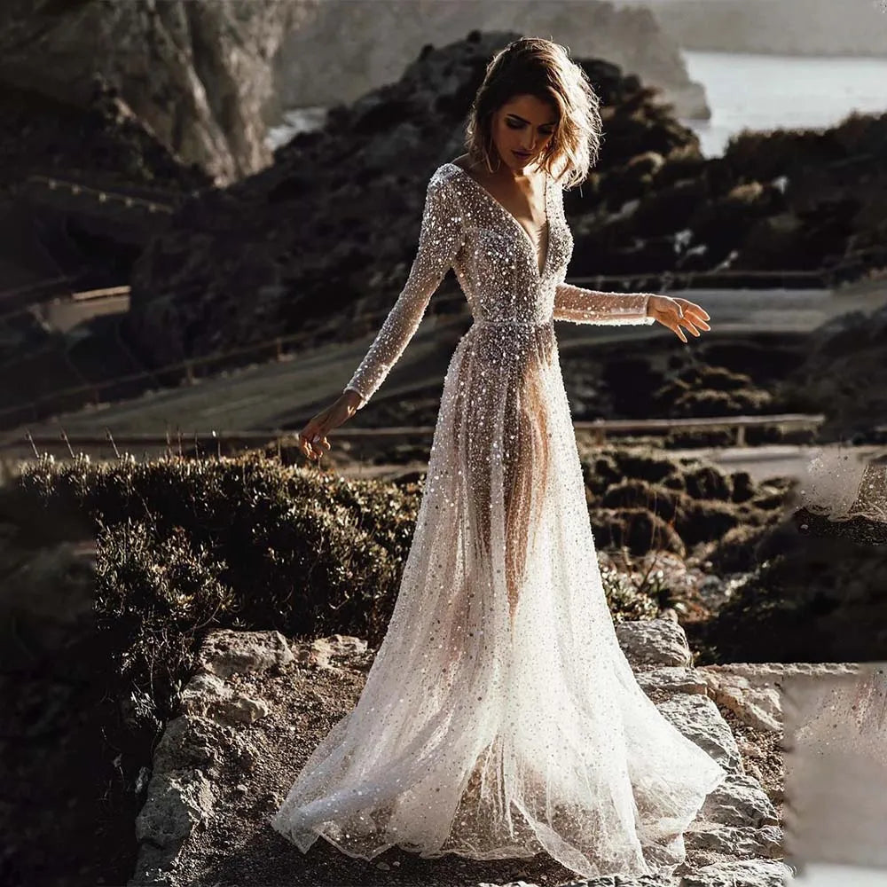Stunning Beaded Sequined Long Sleeves V-neck Wedding Dresses Formal Party Grown Evening Dresses 2024 Rode De Morrie